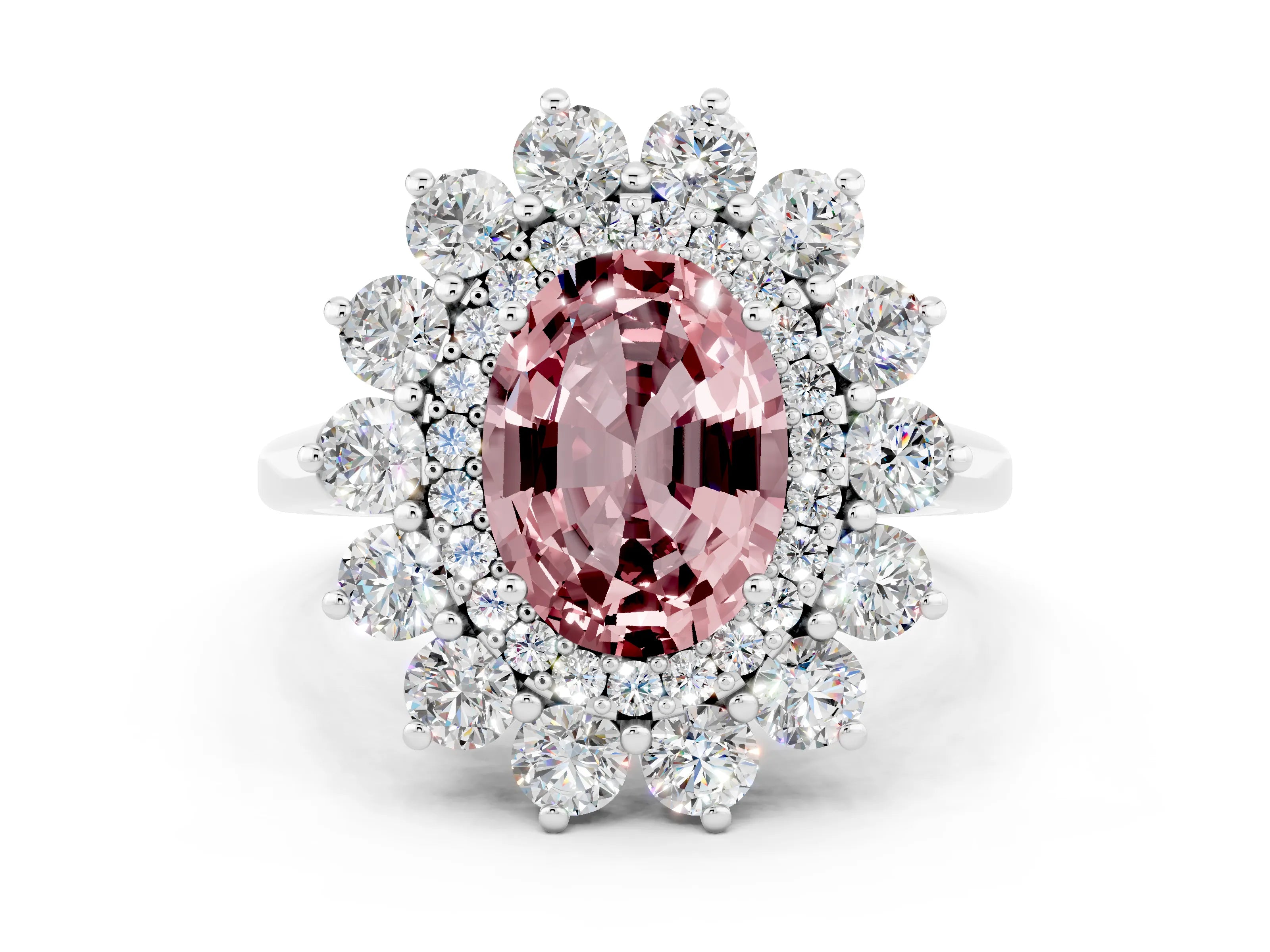 White gold Oval Cut Halo Cluster Diamond Ring with Pave Band and Four-Prong Setting_48
