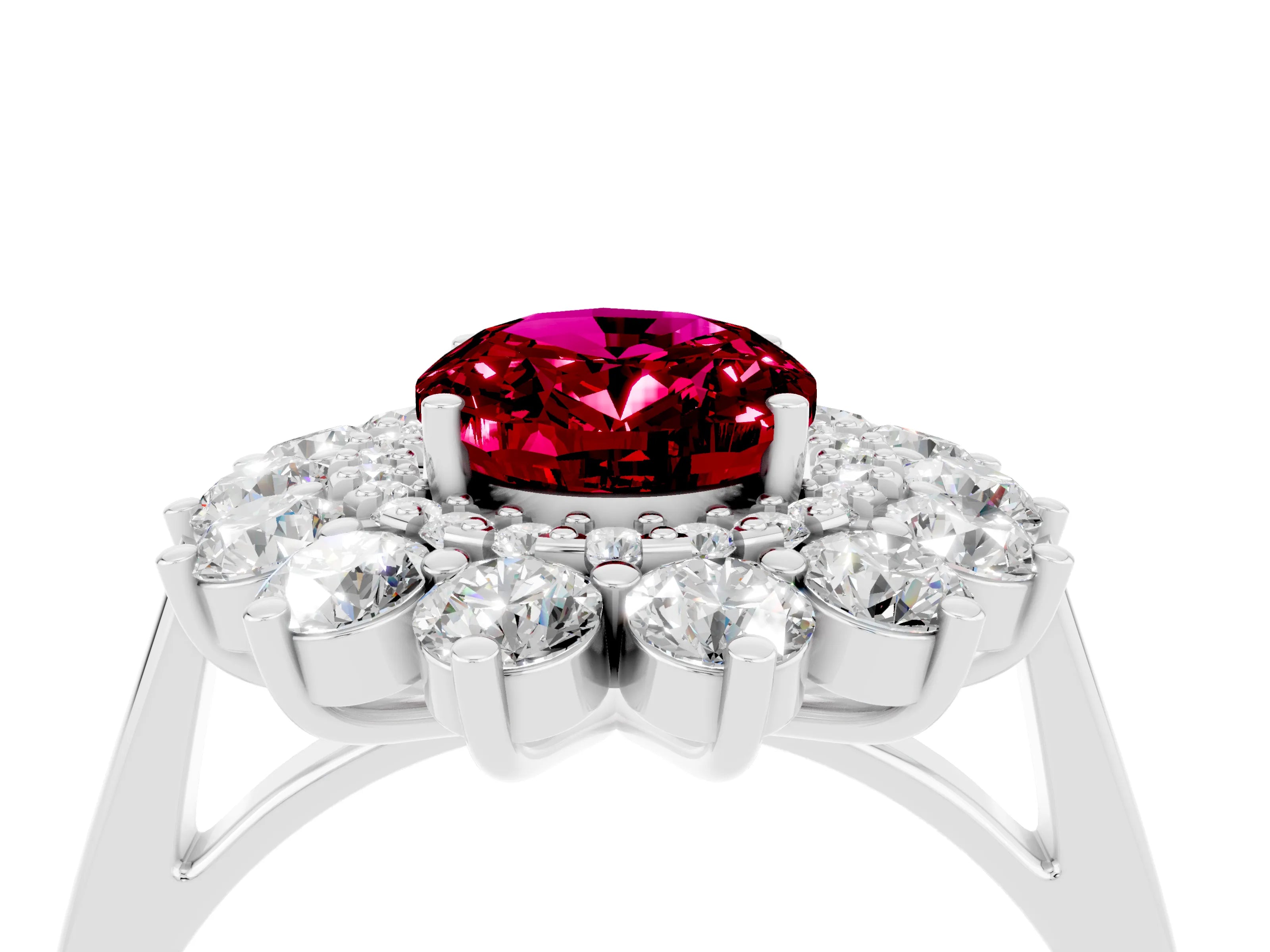 White gold Oval Cut Halo Cluster Diamond Ring with Pave Band and Four-Prong Setting_4