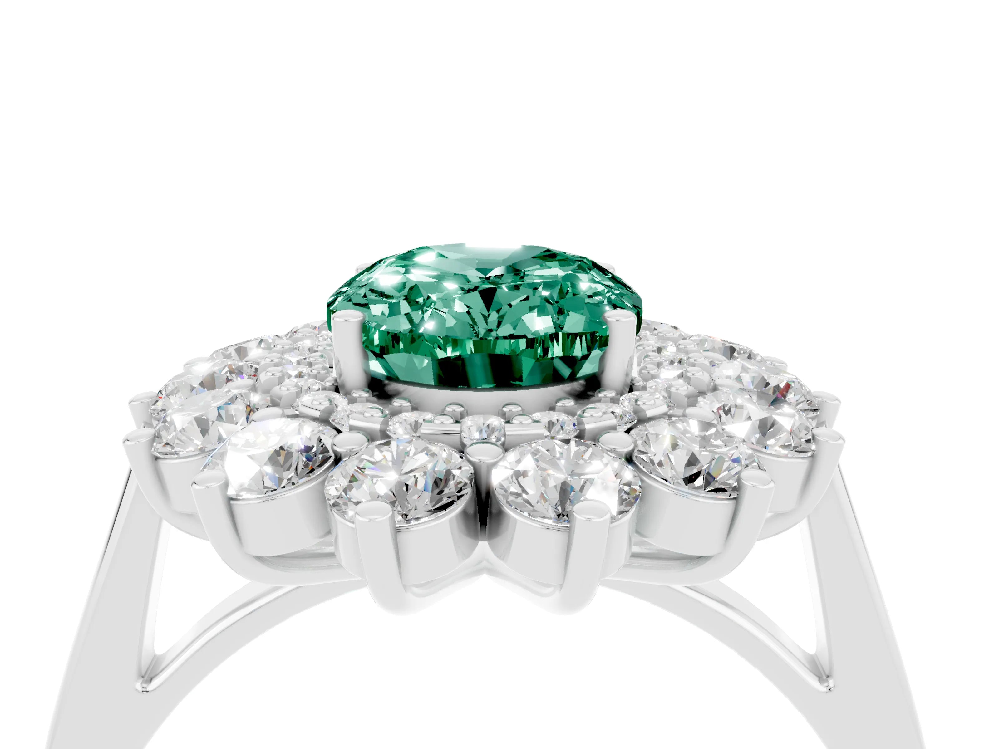 White gold Oval Cut Halo Cluster Diamond Ring with Pave Band and Four-Prong Setting_4