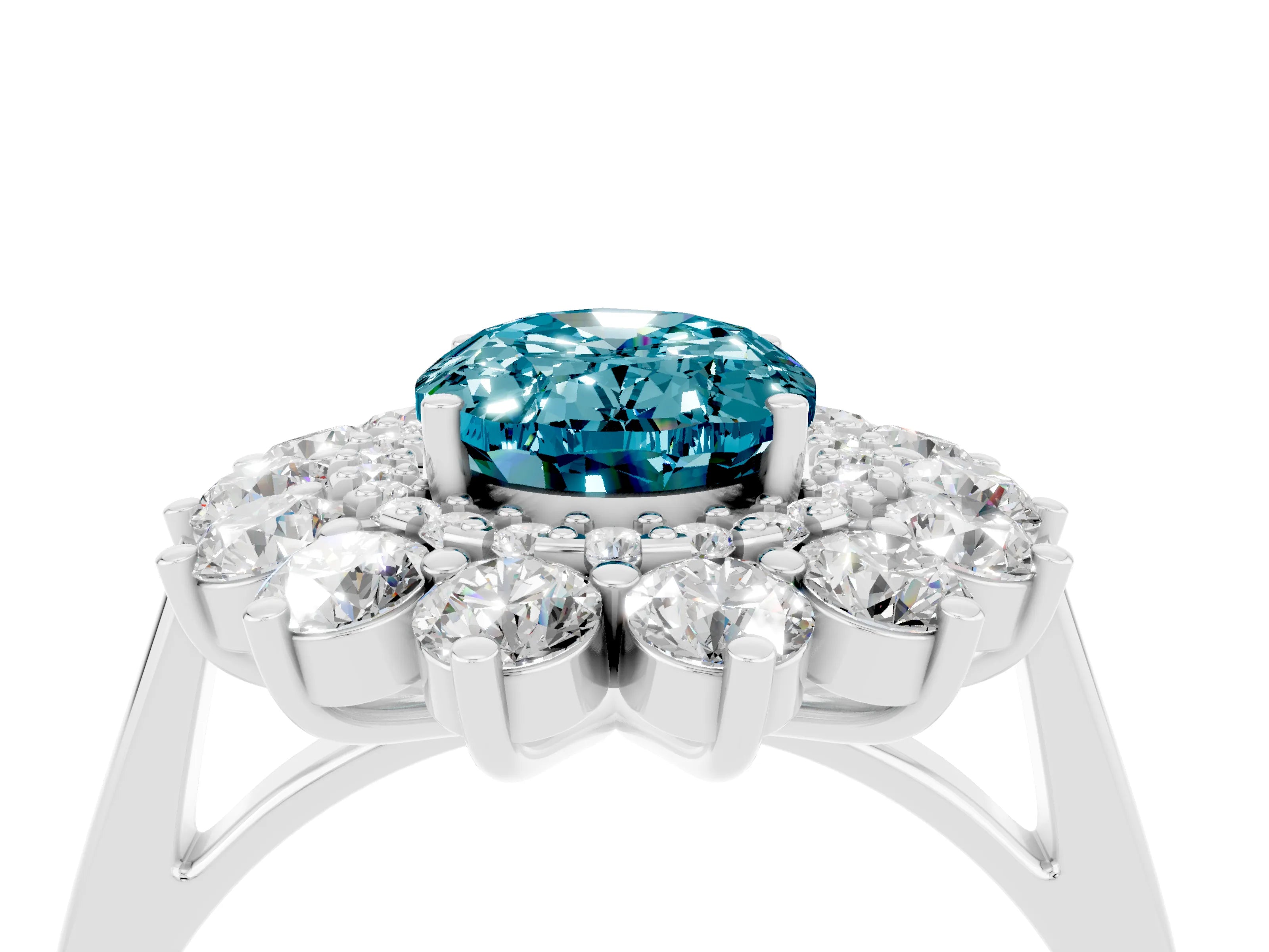 White gold Oval Cut Halo Cluster Diamond Ring with Pave Band and Four-Prong Setting_4