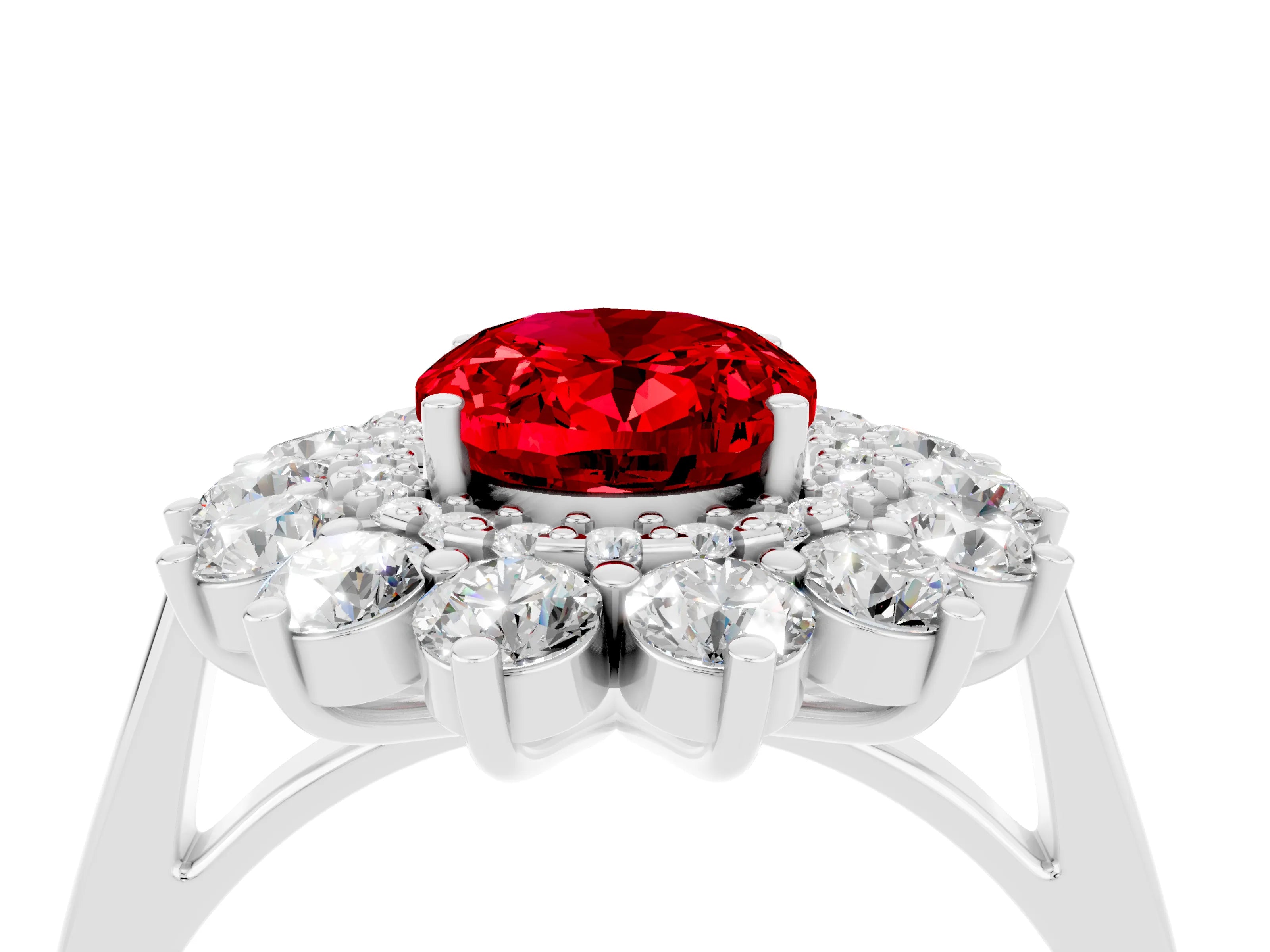 White gold Oval Cut Halo Cluster Diamond Ring with Pave Band and Four-Prong Setting_4