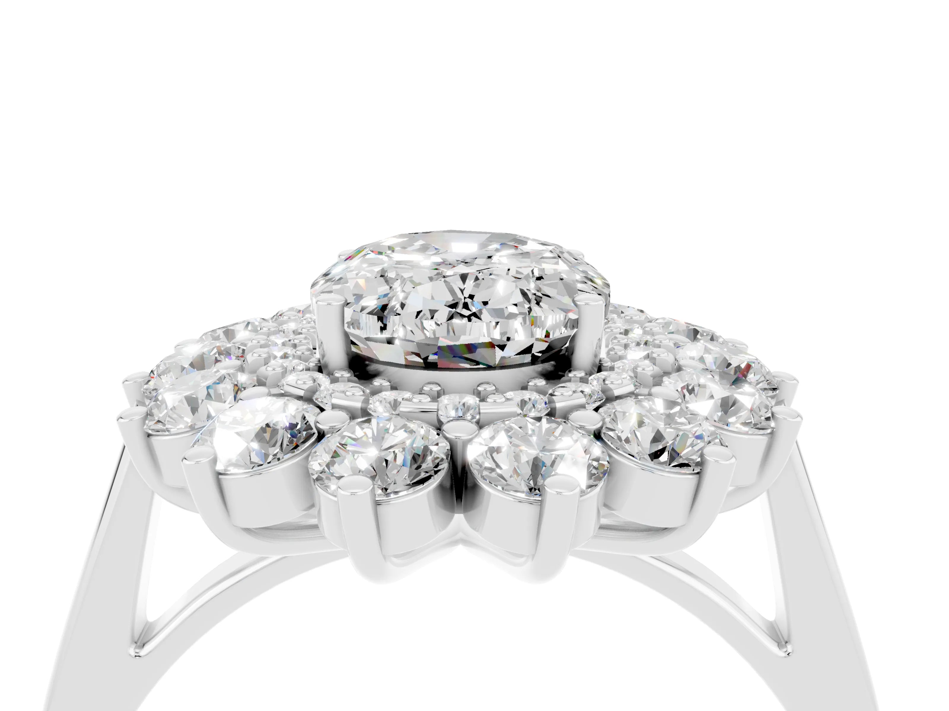 White gold Oval Cut Halo Cluster Diamond Ring with Pave Band and Four-Prong Setting_4