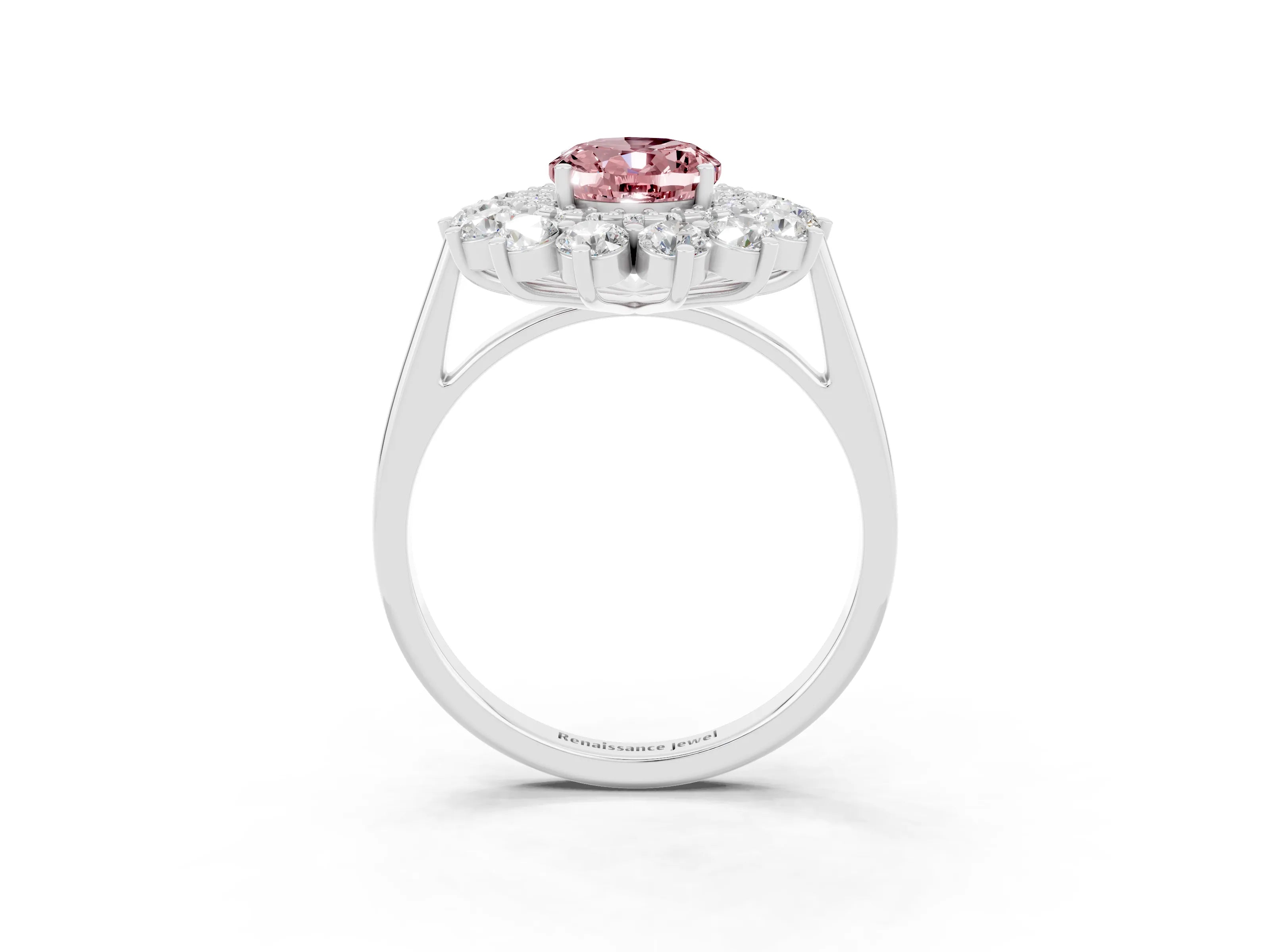 White gold Oval Cut Halo Cluster Diamond Ring with Pave Band and Four-Prong Setting_51