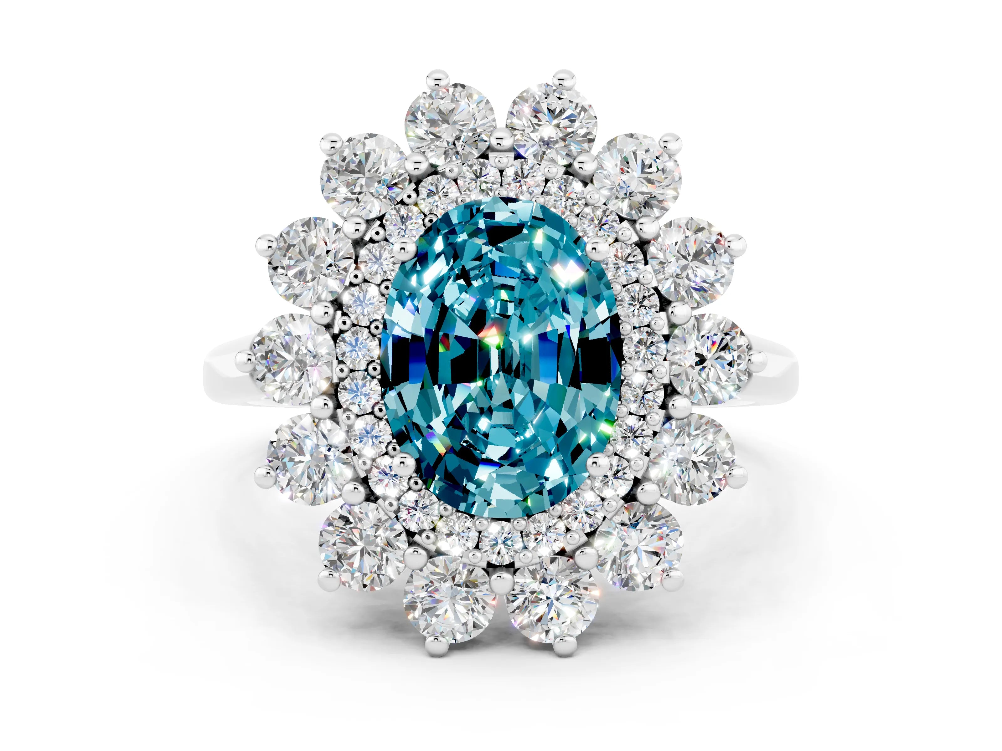 White gold Oval Cut Halo Cluster Diamond Ring with Pave Band and Four-Prong Setting