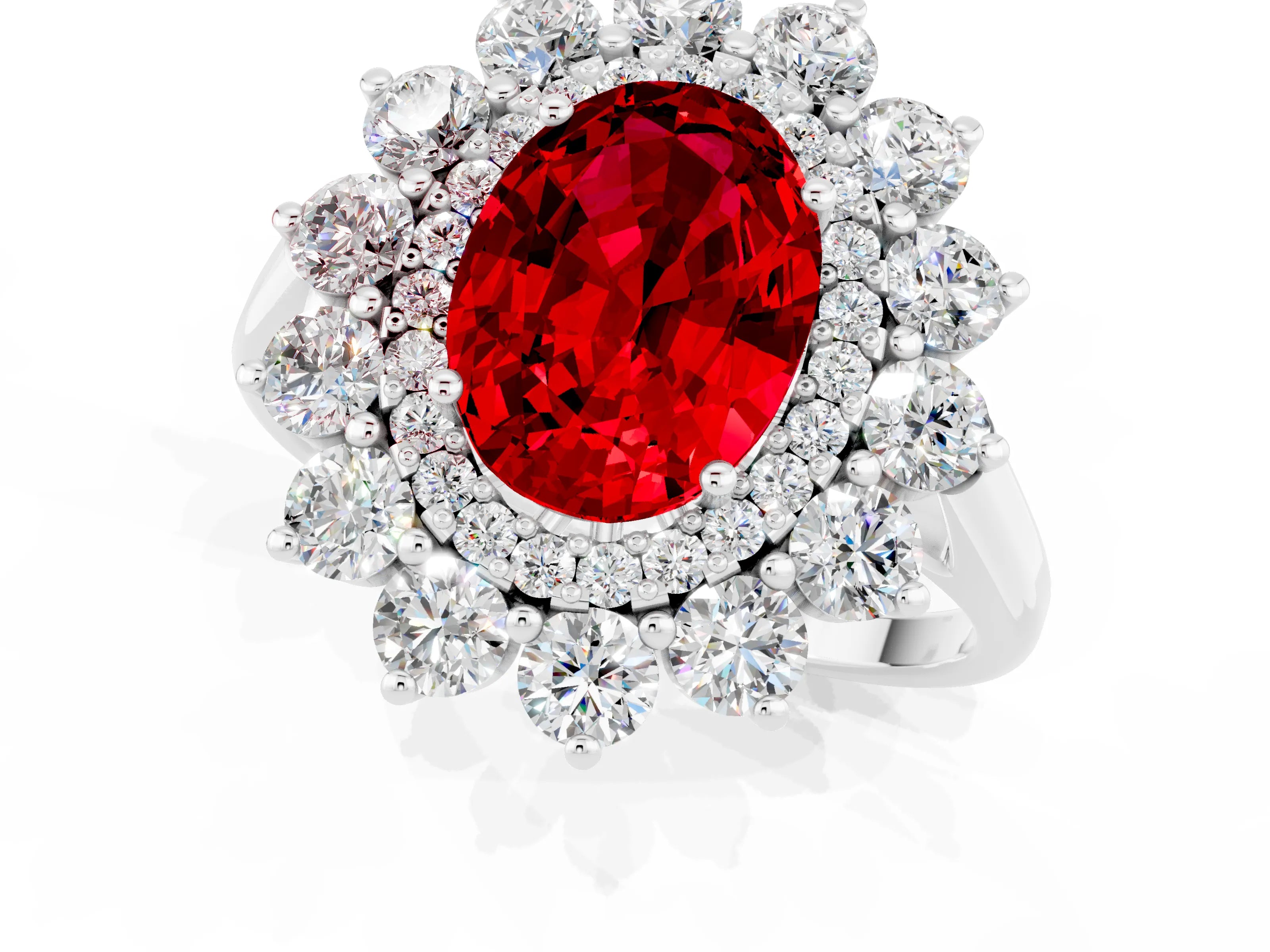 White gold Oval Cut Halo Cluster Diamond Ring with Pave Band and Four-Prong Setting_61