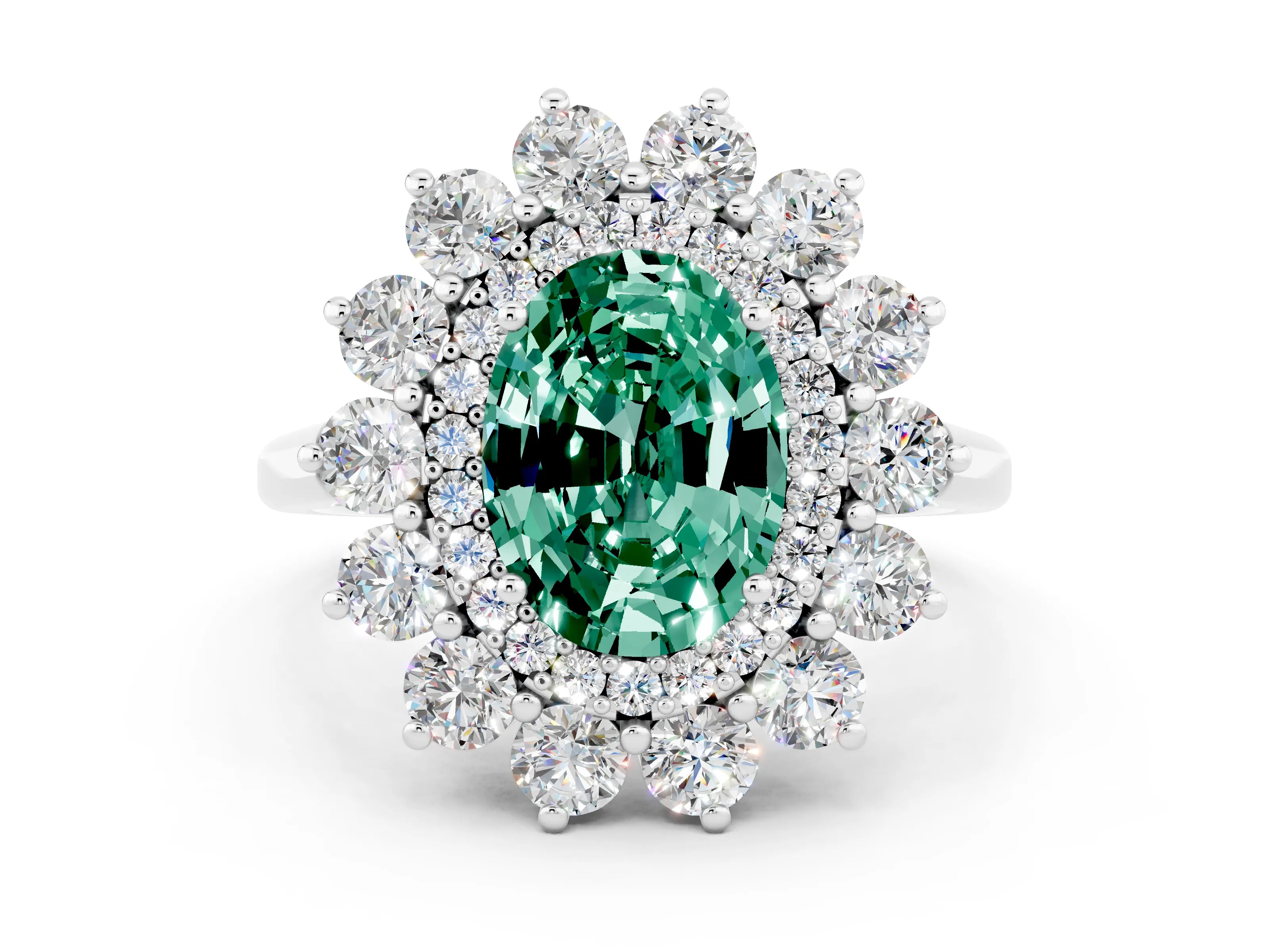White gold Oval Cut Halo Cluster Diamond Ring with Pave Band and Four-Prong Setting