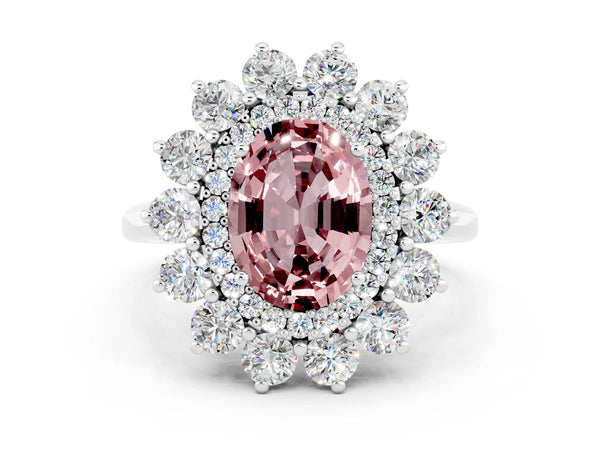 Silver Oval Cut Halo Cluster Diamond Ring with Pave Band and Four-Prong Setting