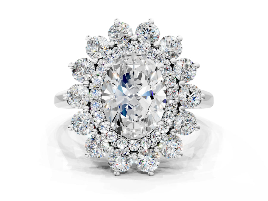 White gold Oval Cut Halo Cluster Diamond Ring with Pave Band and Four-Prong Setting