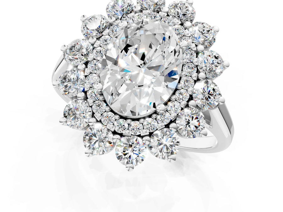 White gold Oval Cut Halo Cluster Diamond Ring with Pave Band and Four-Prong Setting