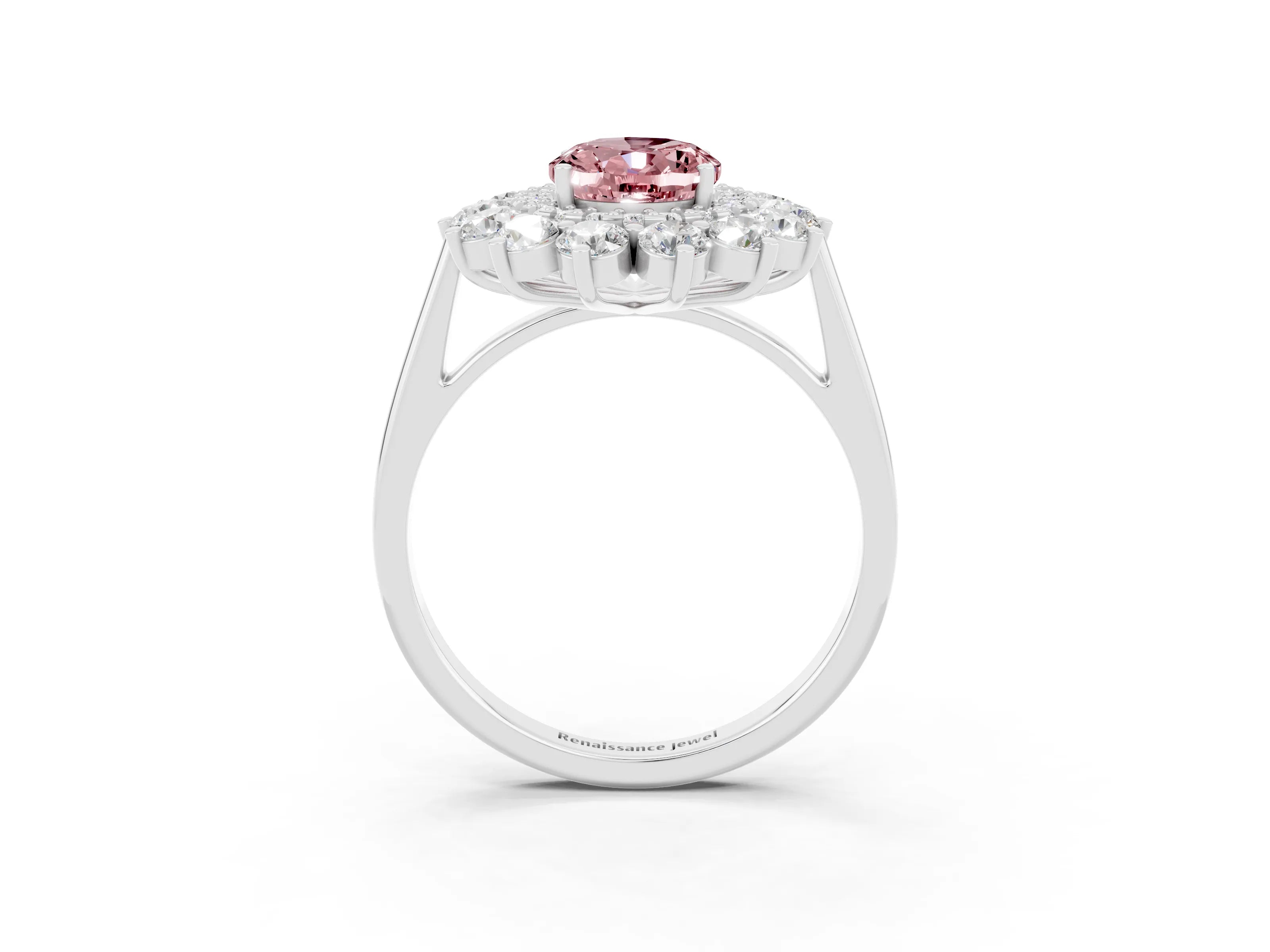 White gold Oval Cut Halo Cluster Diamond Ring with Pave Band and Four-Prong Setting_9