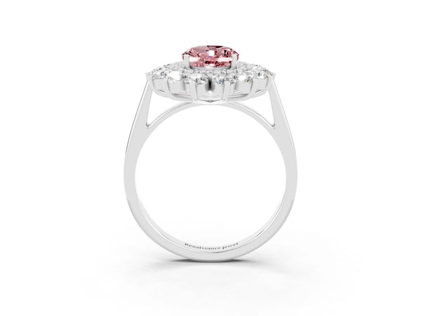 Silver Oval Cut Halo Cluster Diamond Ring with Pave Band and Four-Prong Setting