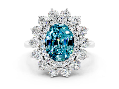 White gold Oval Cut Halo Cluster Diamond Ring with Pave Band and Four-Prong Setting