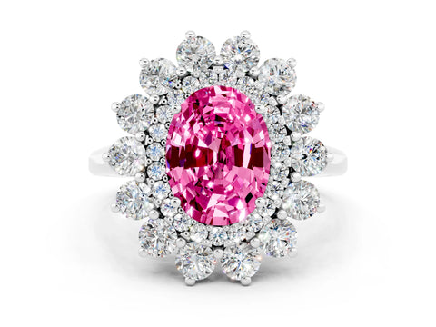 White gold Oval Cut Halo Cluster Diamond Ring with Pave Band and Four-Prong Setting