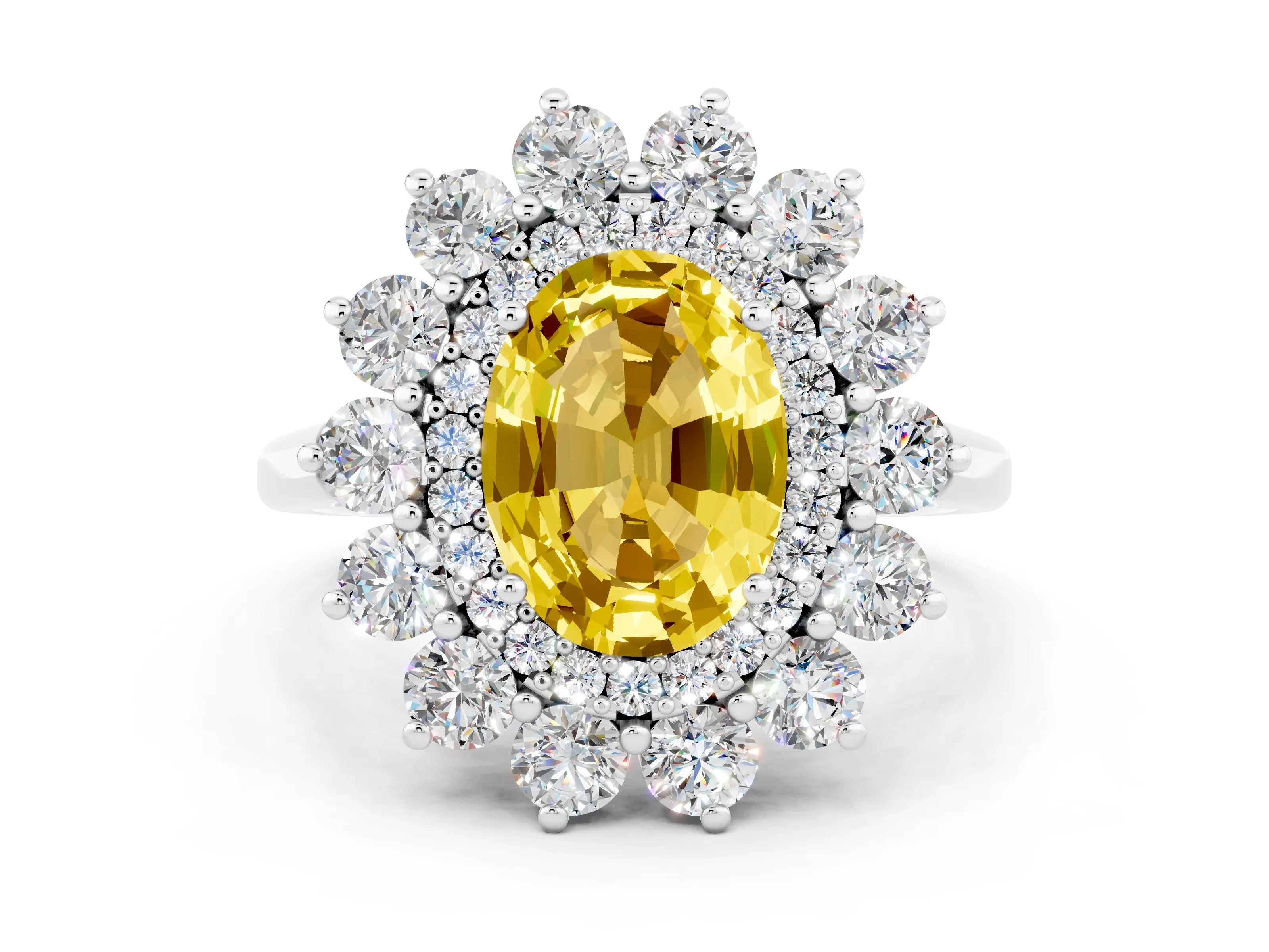 White gold Oval Cut Halo Cluster Diamond Ring with Pave Band and Four-Prong Setting