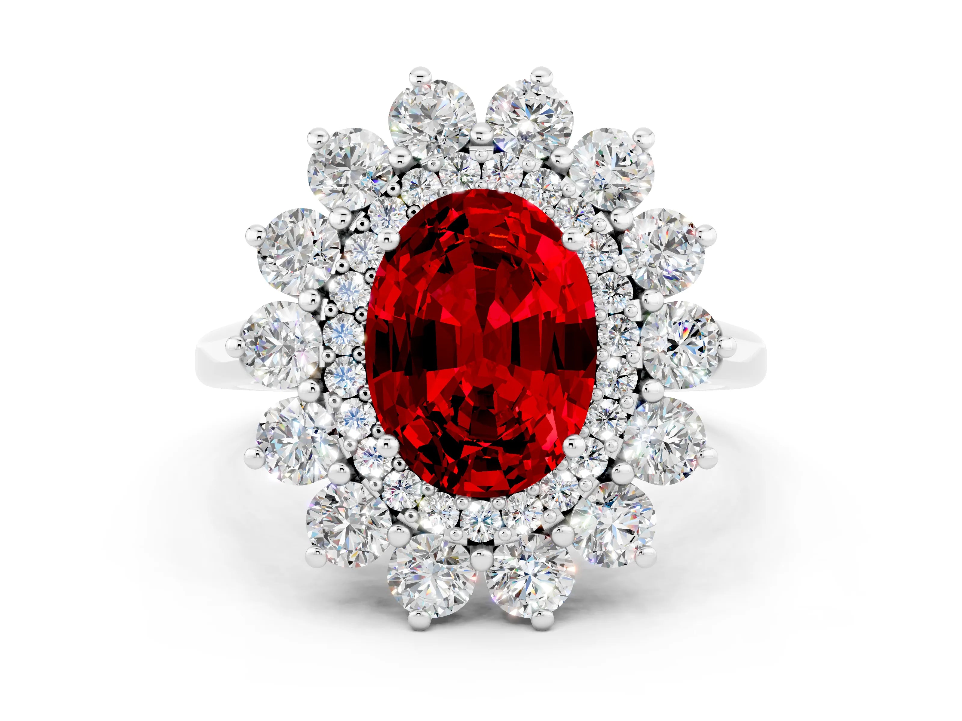 White gold Oval Cut Halo Cluster Diamond Ring with Pave Band and Four-Prong Setting