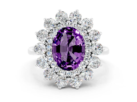 White gold Oval Cut Halo Cluster Diamond Ring with Pave Band and Four-Prong Setting