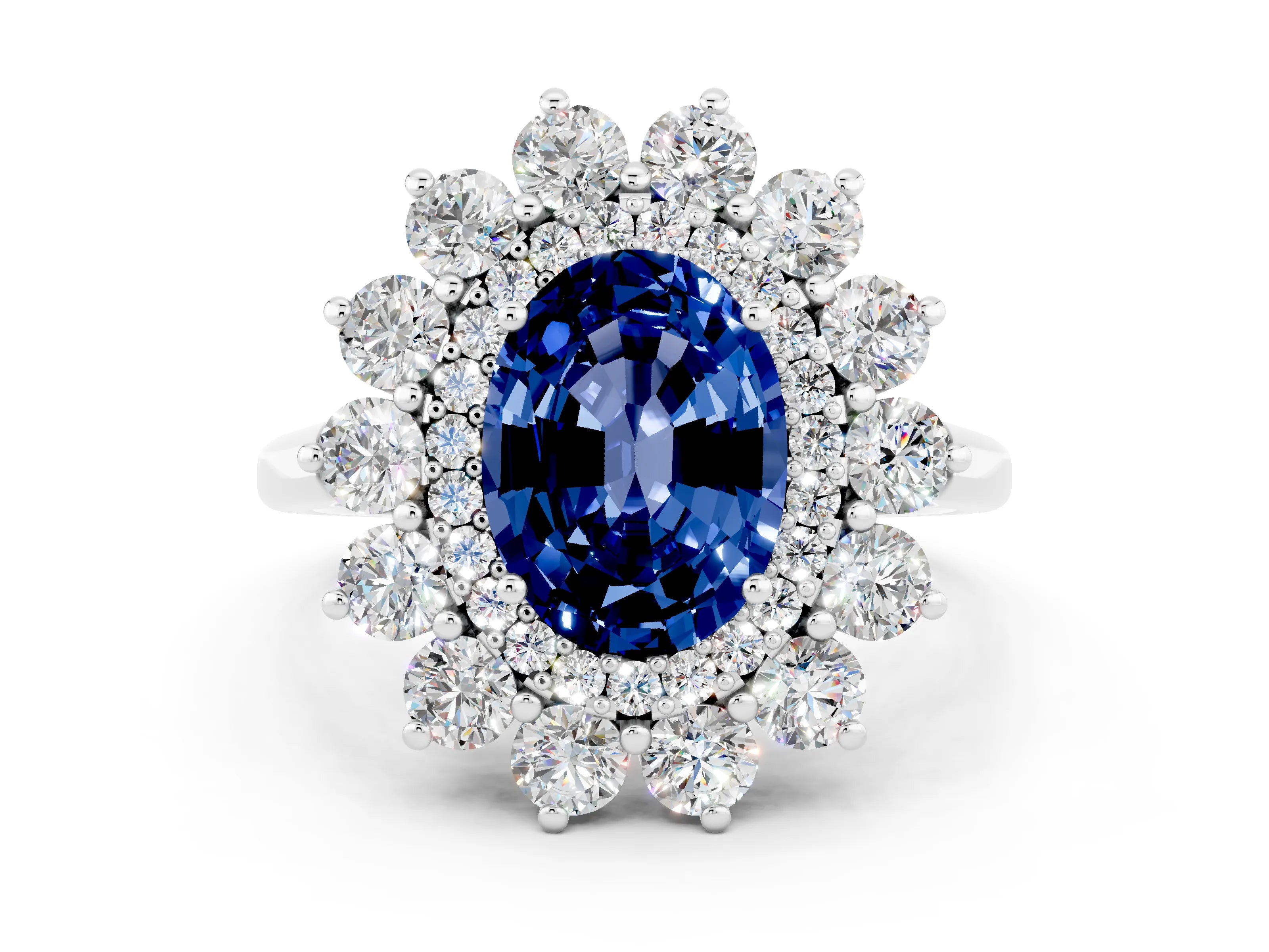 White gold Oval Cut Halo Cluster Diamond Ring with Pave Band and Four-Prong Setting