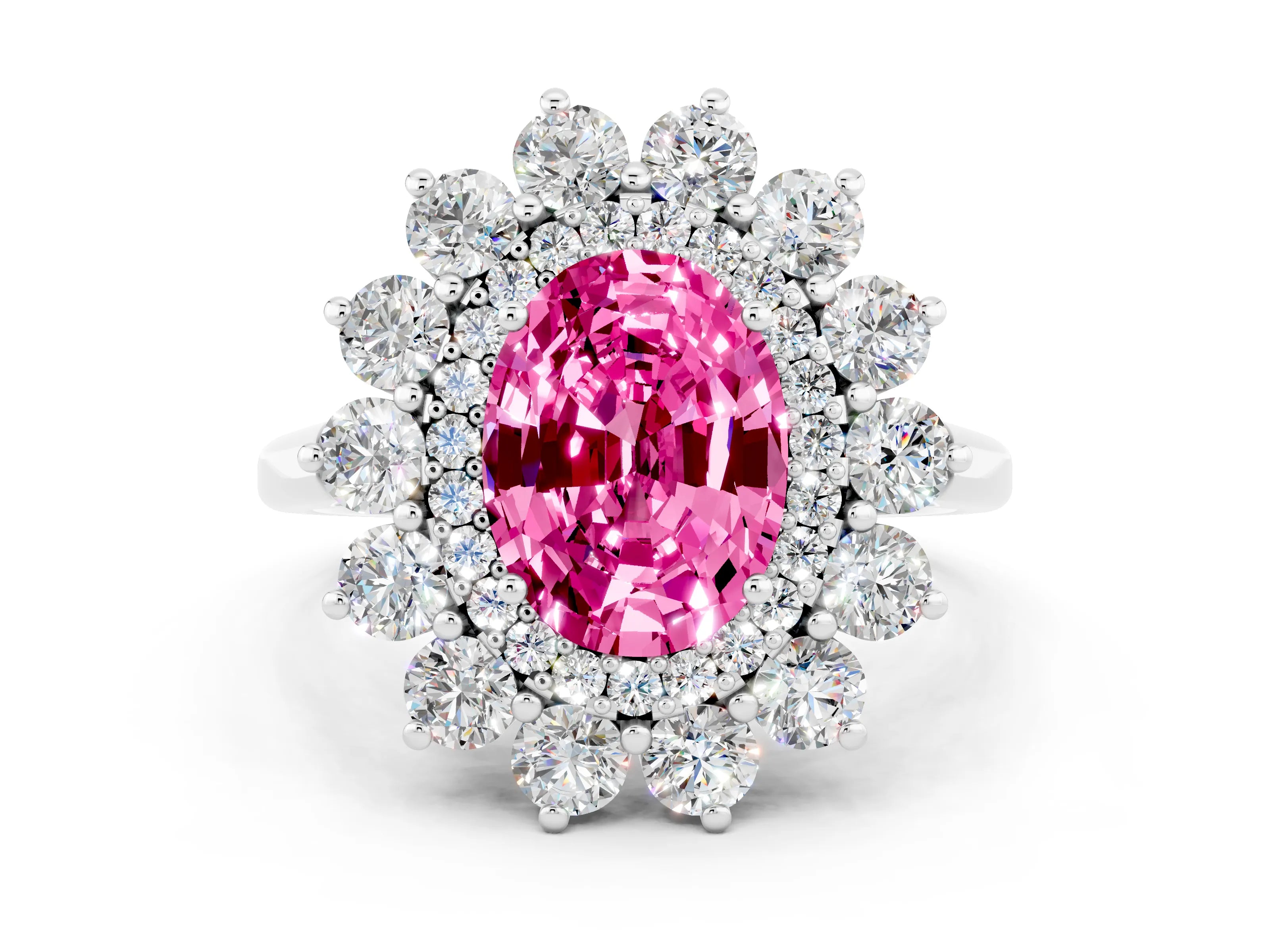 White gold Oval Cut Halo Cluster Diamond Ring with Pave Band and Four-Prong Setting