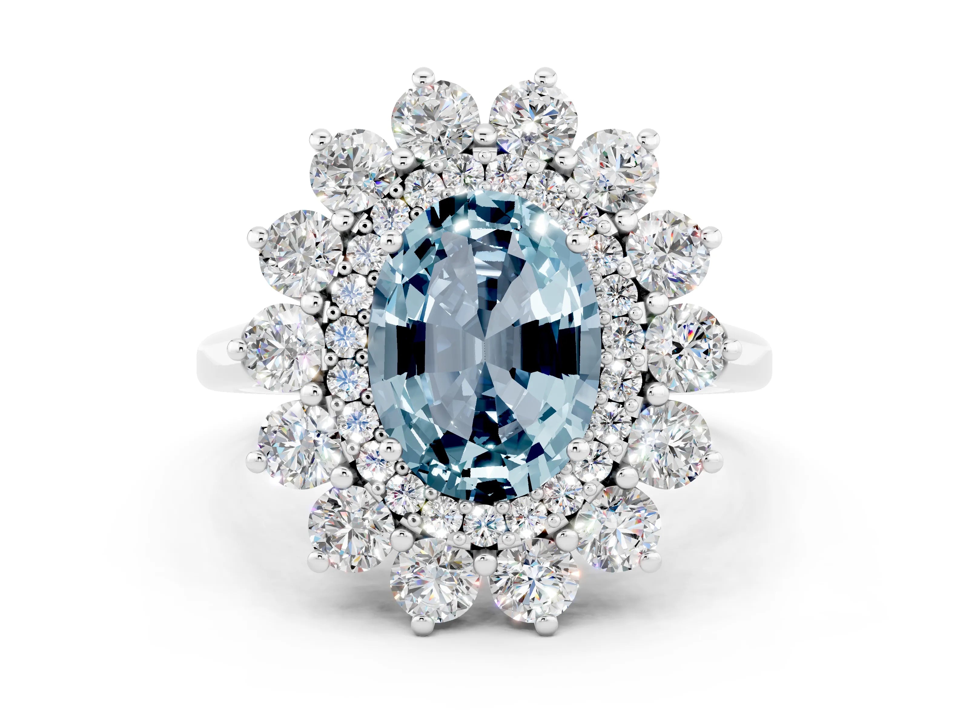 White gold Oval Cut Halo Cluster Diamond Ring with Pave Band and Four-Prong Setting