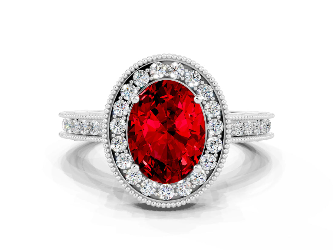 White gold Oval Cut Halo Diamond Engagement Ring with Milgrain Pave Band and Four-Prong Setting