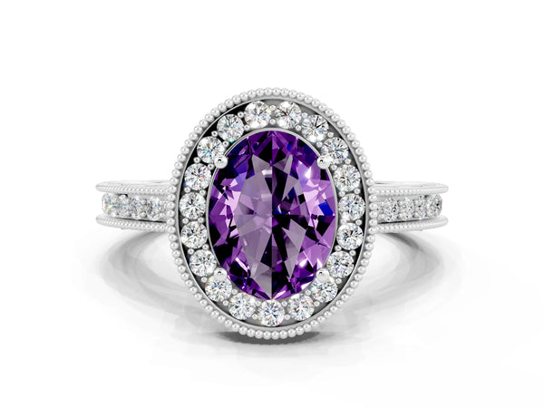 White gold Oval Cut Amethyst Milgrain Halo Engagement Ring with Round Pavé Band and Prong Setting