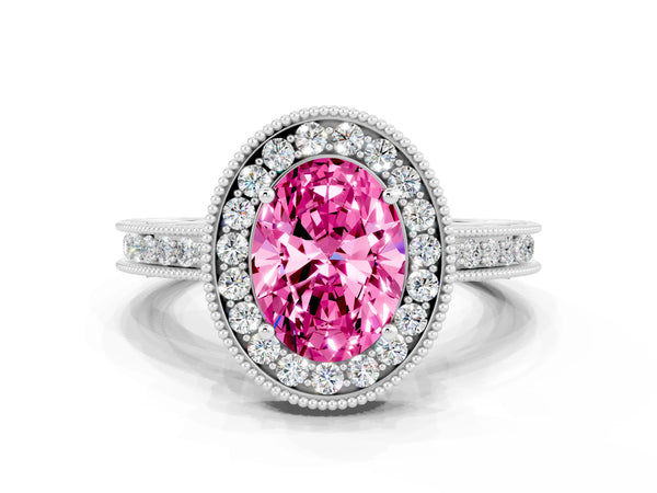 White gold Oval Cut Halo Diamond Engagement Ring with Milgrain Pave Band and Four-Prong Setting