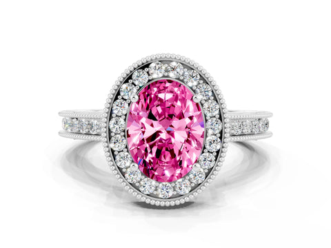 White gold Oval Cut Halo Diamond Engagement Ring with Milgrain Pave Band and Four-Prong Setting