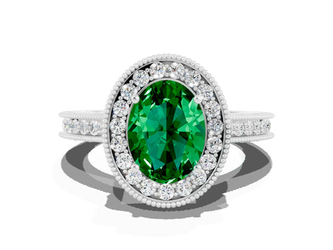 White gold Oval Cut Halo Diamond Engagement Ring with Milgrain Pave Band and Four-Prong Setting
