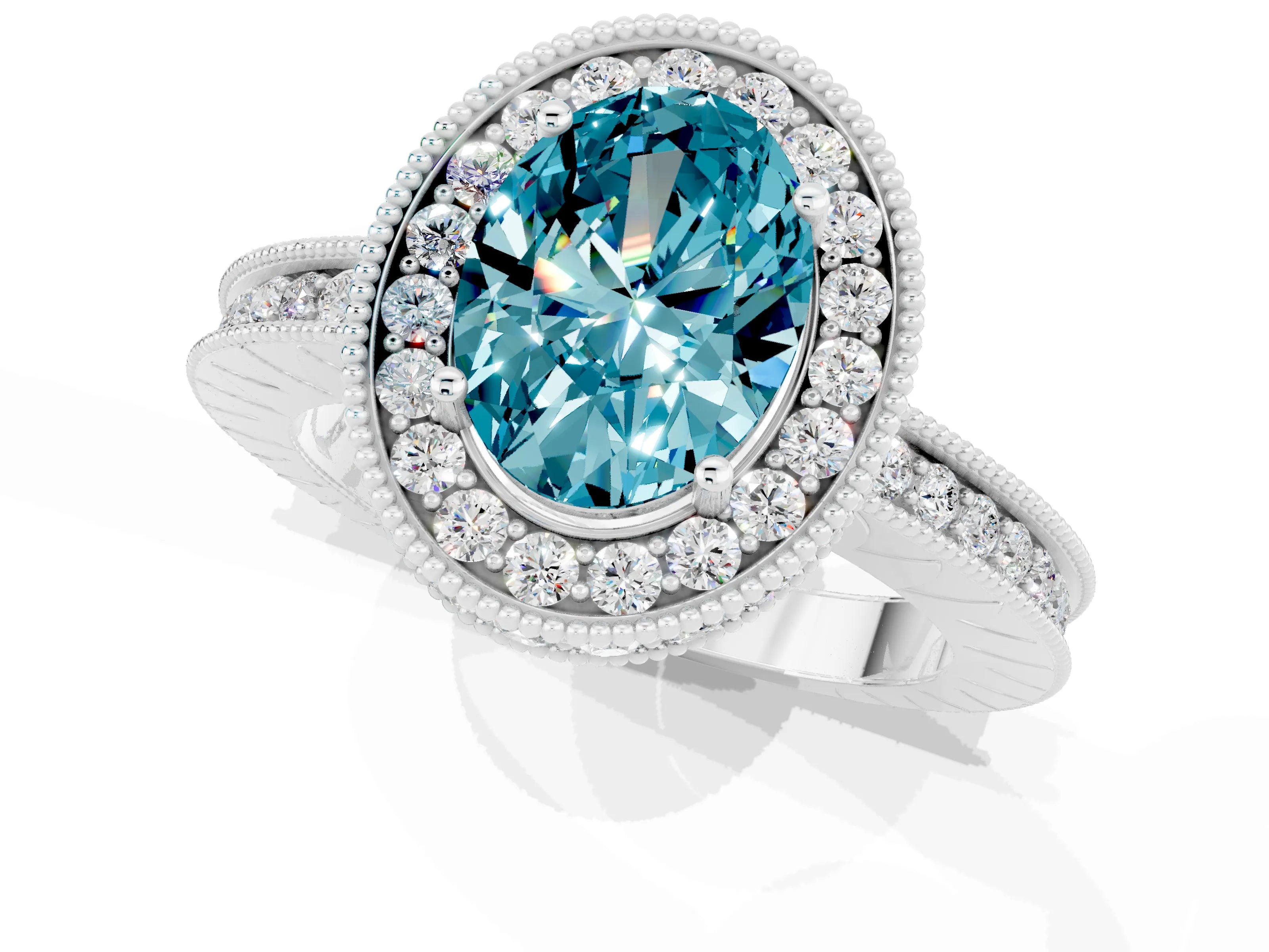 White gold Oval Cut Halo Diamond Engagement Ring with Milgrain Pave Band and Four-Prong Setting_1