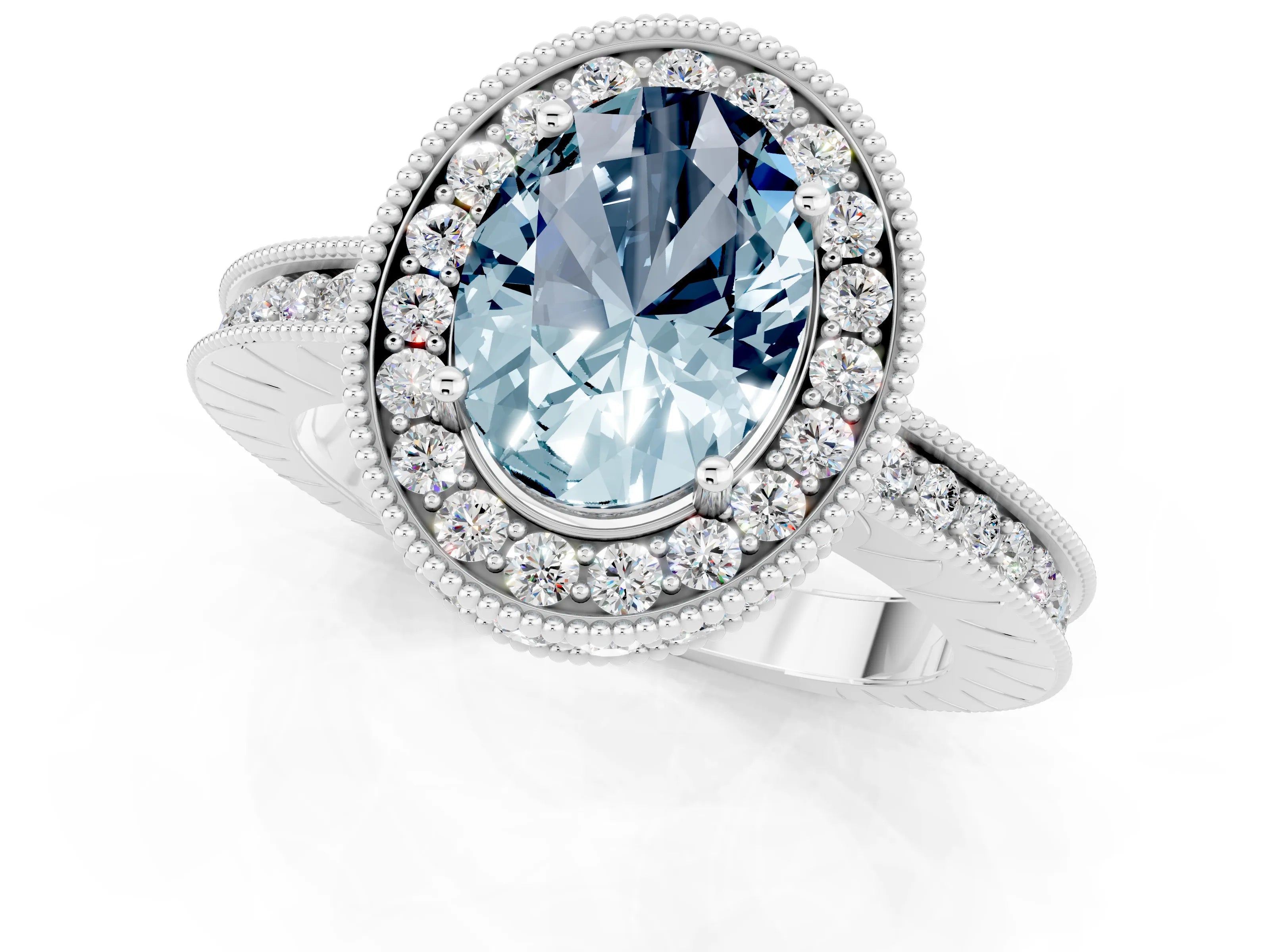 White gold Oval Cut Halo Diamond Engagement Ring with Milgrain Pave Band and Four-Prong Setting_1
