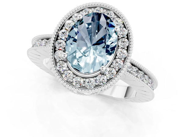 White gold Oval Cut Halo Diamond Engagement Ring with Milgrain Pave Band and Four-Prong Setting