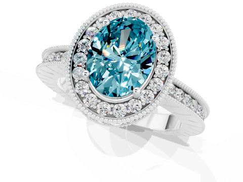 White gold Oval Cut Halo Diamond Engagement Ring with Milgrain Pave Band and Four-Prong Setting_1