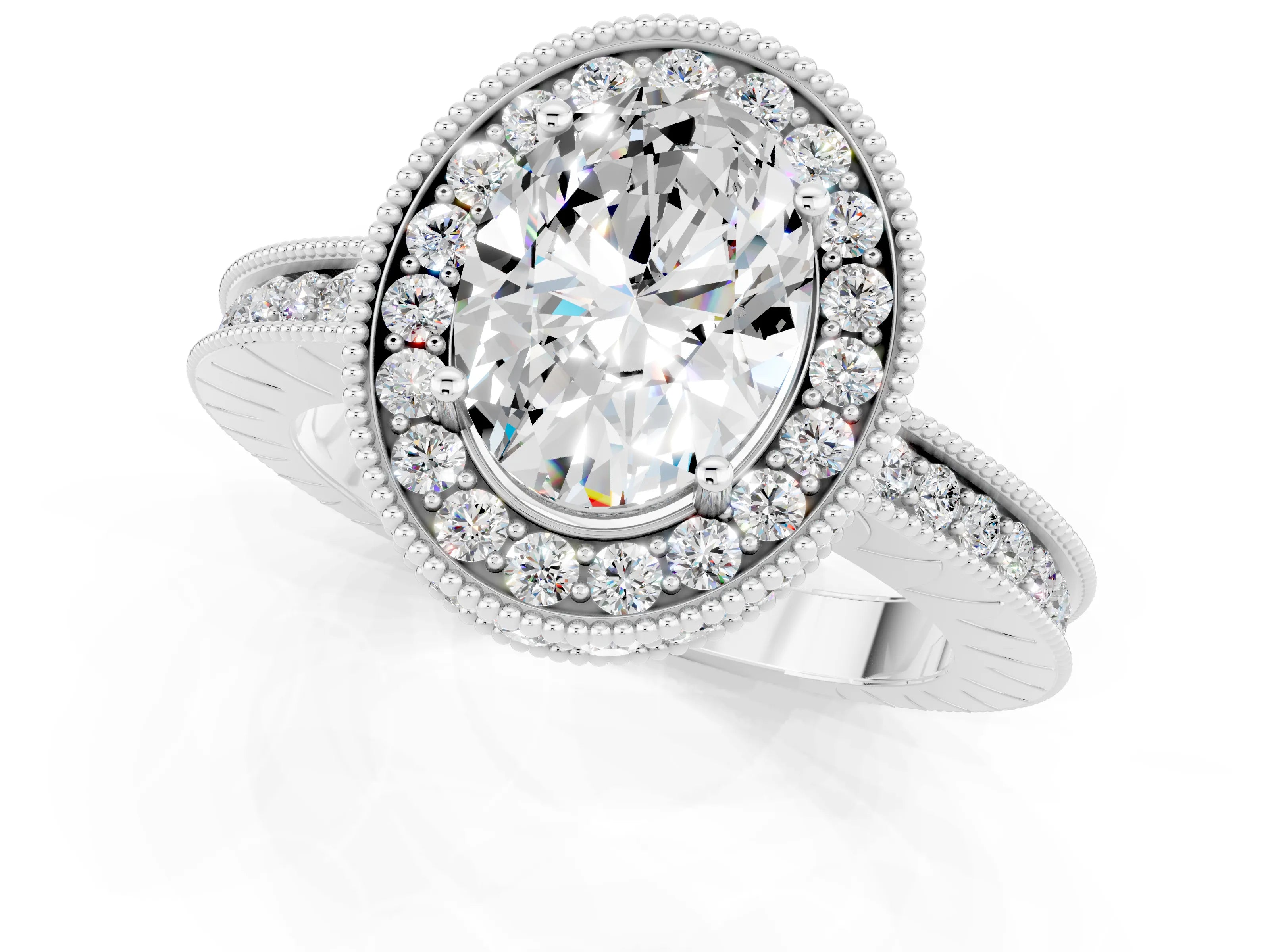 White gold Oval Cut Halo Diamond Engagement Ring with Milgrain Pave Band and Four-Prong Setting_1