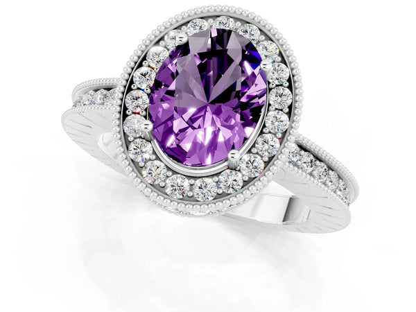 White gold Oval Cut Amethyst Milgrain Halo Engagement Ring with Round Pavé Band and Prong Setting
