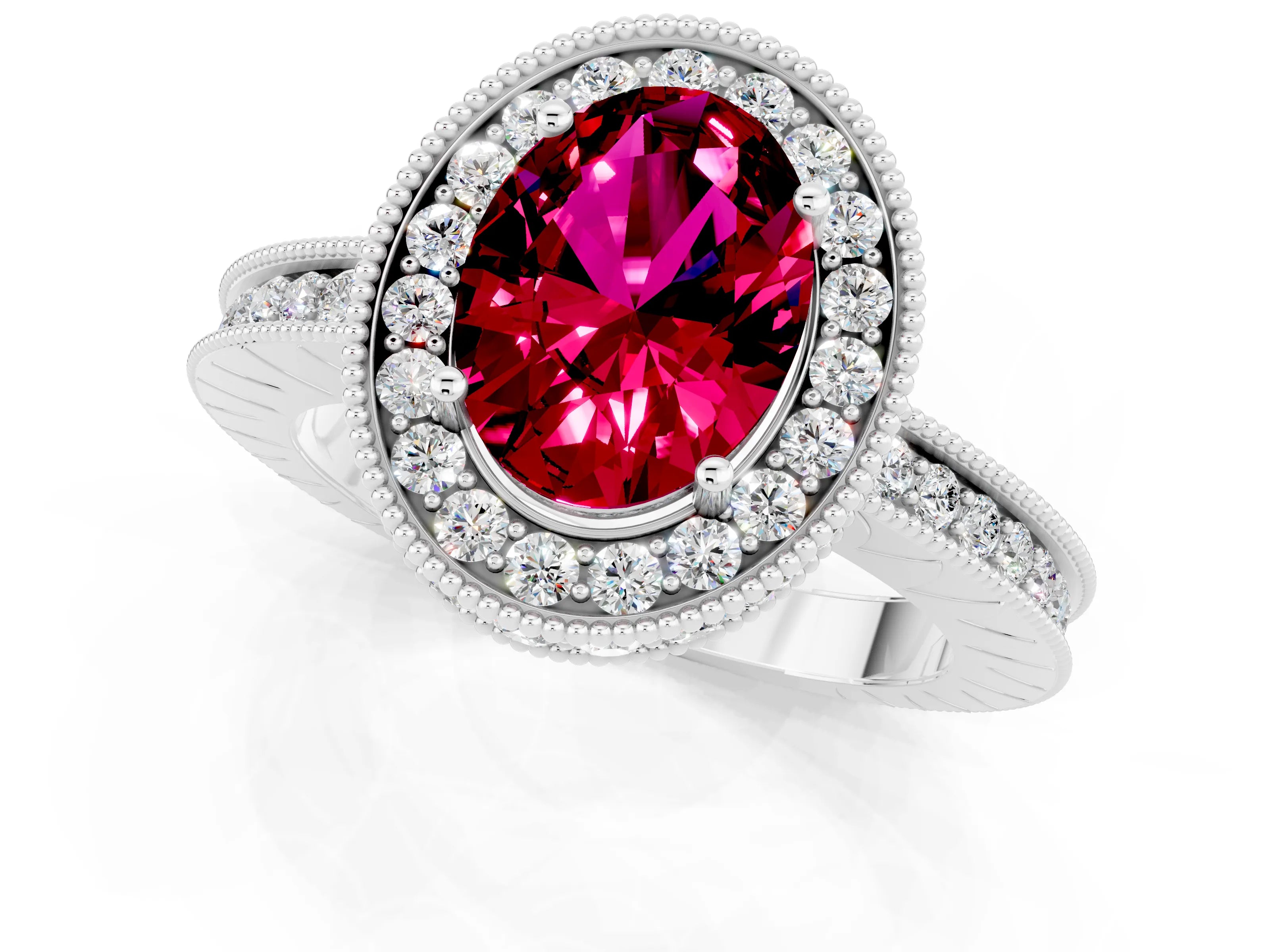 White gold Oval Cut Halo Diamond Engagement Ring with Milgrain Pave Band and Four-Prong Setting_1