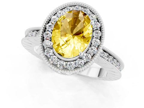 White gold Oval Cut Halo Diamond Engagement Ring with Milgrain Pave Band and Four-Prong Setting_1