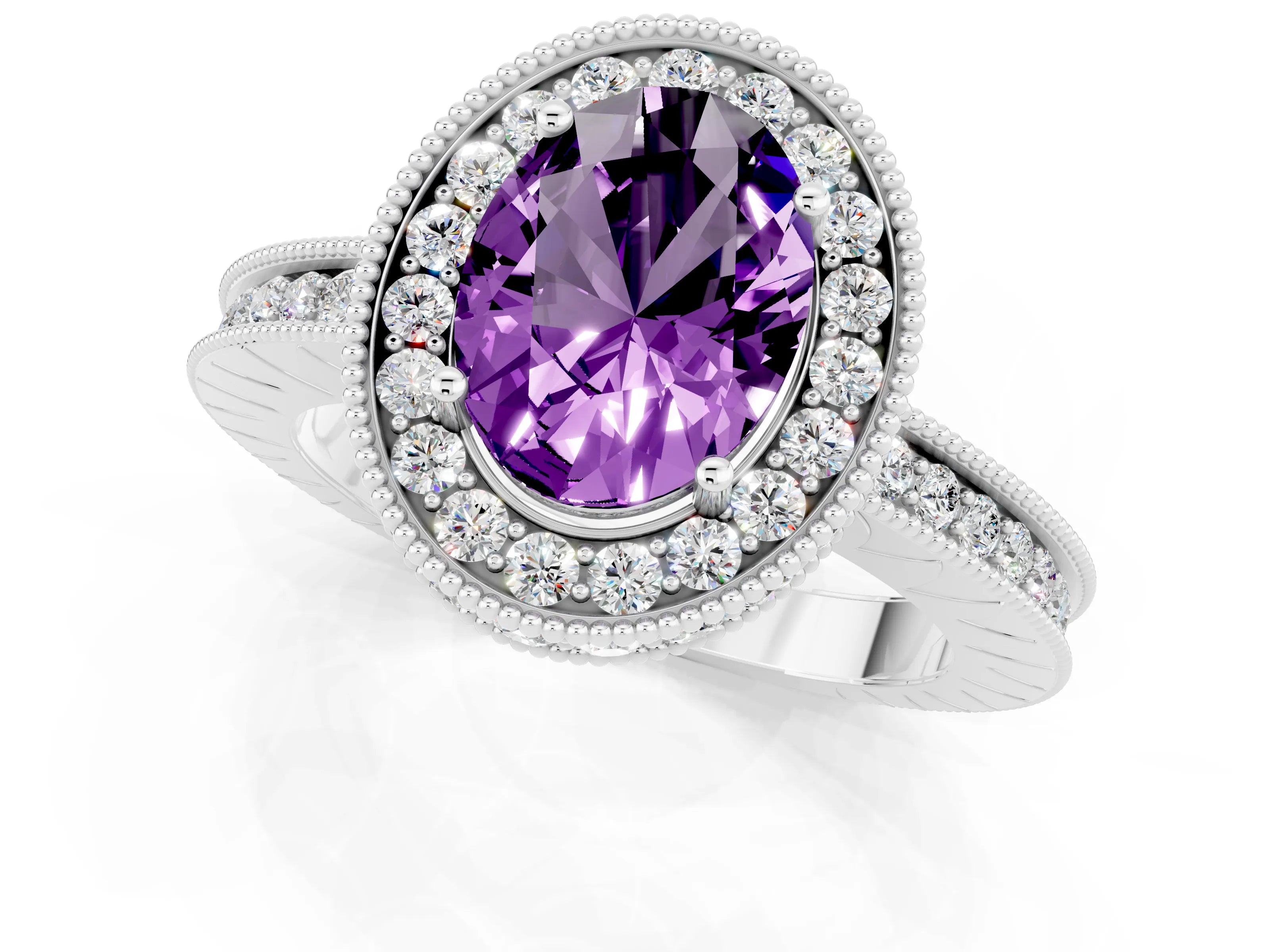 White gold Oval Cut Halo Diamond Engagement Ring with Milgrain Pave Band and Four-Prong Setting_1