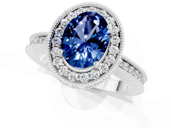 White gold Oval Cut Halo Diamond Engagement Ring with Milgrain Pave Band and Four-Prong Setting