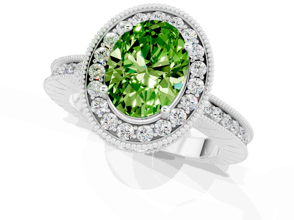 Silver Oval Cut Halo Diamond Engagement Ring with Milgrain Pave Band and Four-Prong Setting
