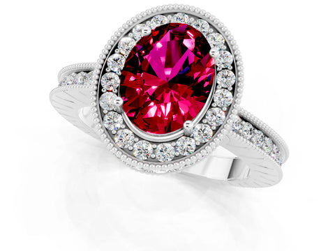 White gold Oval Cut Halo Diamond Engagement Ring with Milgrain Pave Band and Four-Prong Setting_1