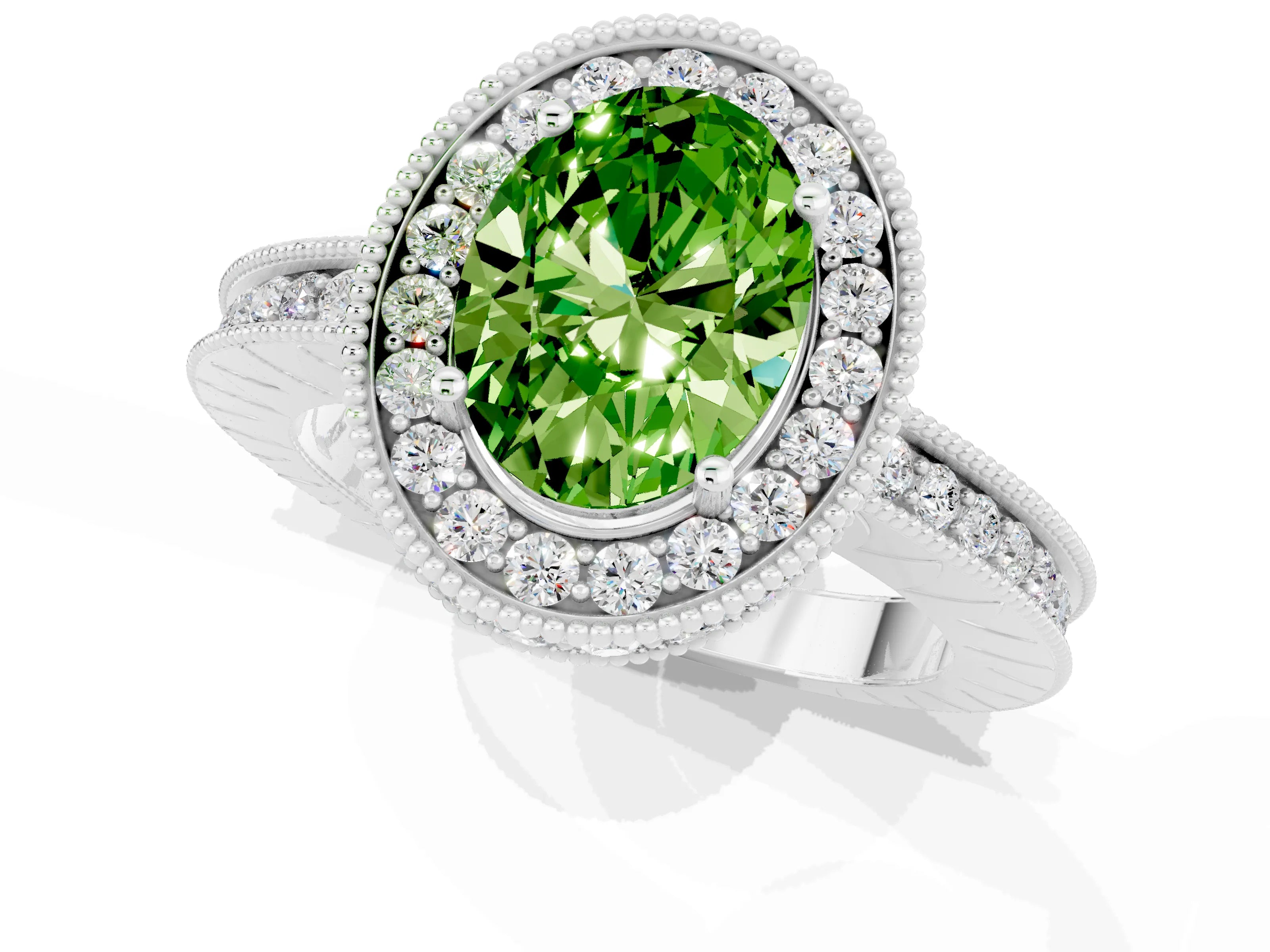 White gold Oval Cut Halo Diamond Engagement Ring with Milgrain Pave Band and Four-Prong Setting_1