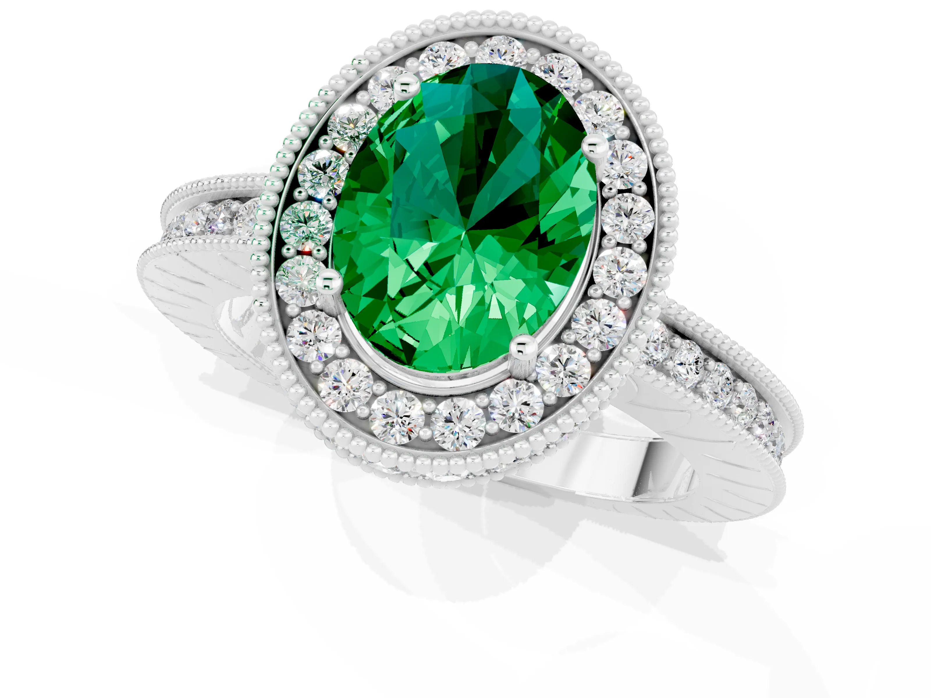 White gold Oval Cut Halo Diamond Engagement Ring with Milgrain Pave Band and Four-Prong Setting_1