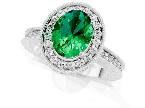 Silver Oval Cut Halo Diamond Engagement Ring with Milgrain Pave Band and Four-Prong Setting