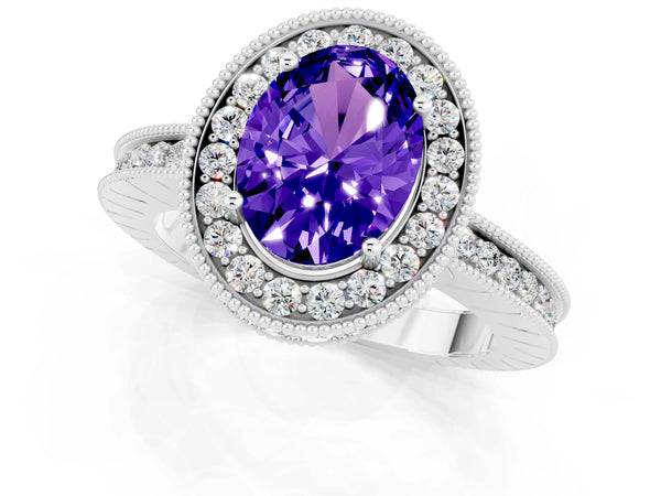 Platinum Oval Cut Halo Diamond Engagement Ring with Milgrain Pave Band and Four-Prong Setting
