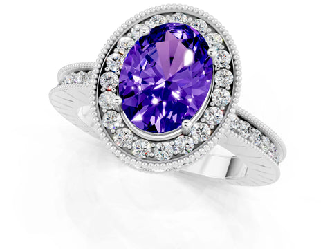 White gold Oval Cut Halo Diamond Engagement Ring with Milgrain Pave Band and Four-Prong Setting_1