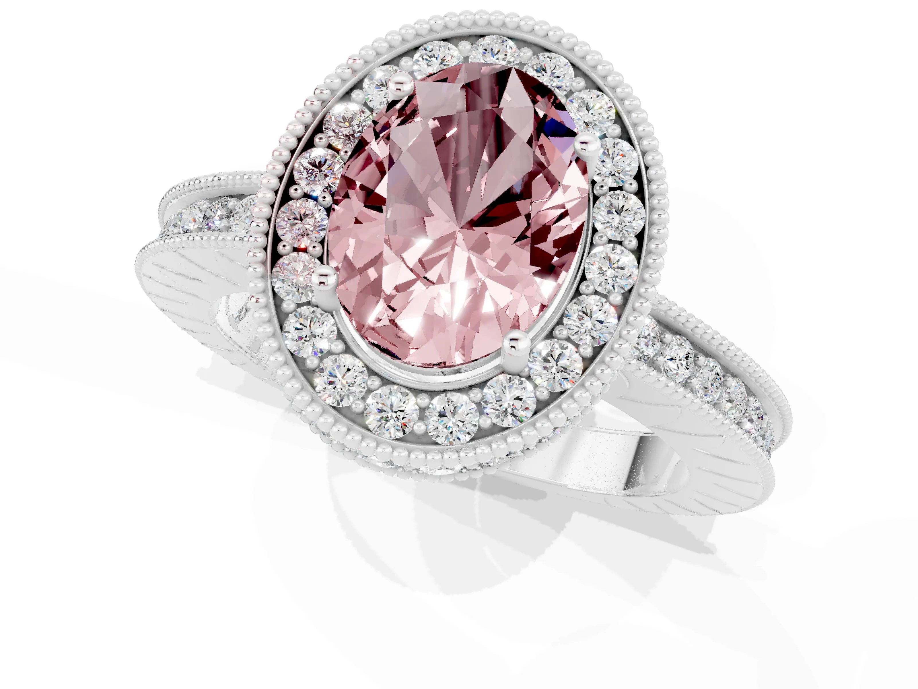 White gold Oval Cut Halo Diamond Engagement Ring with Milgrain Pave Band and Four-Prong Setting_1