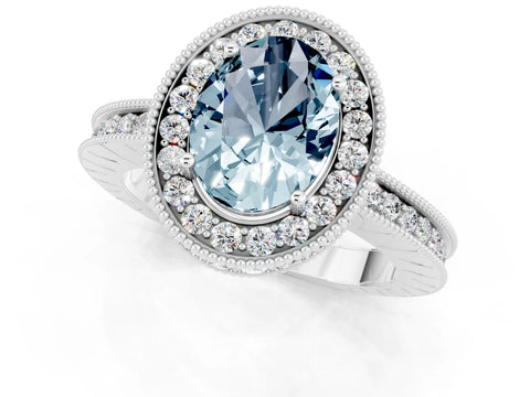 White gold Oval Cut Halo Diamond Engagement Ring with Milgrain Pave Band and Four-Prong Setting_1