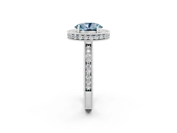 Platinum Oval Cut Halo Diamond Engagement Ring with Milgrain Pave Band and Four-Prong Setting
