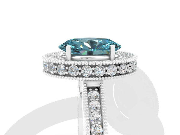 Silver Oval Cut Halo Diamond Engagement Ring with Milgrain Pave Band and Four-Prong Setting