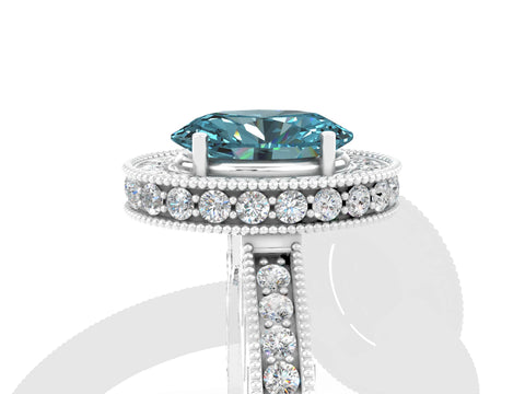 White gold Oval Cut Halo Diamond Engagement Ring with Milgrain Pave Band and Four-Prong Setting